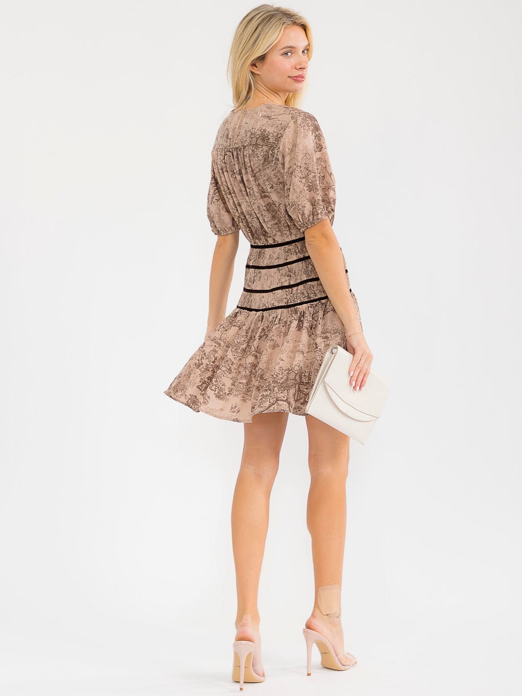 WOMEN'S SHORT SLEEVES SURPLICE WAIST DETAILED MULTI PRINT MINI DRESS