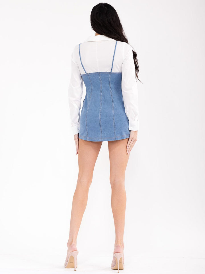 WOMEN'S LONG SLEEVE ZIP UP FRONT POCKETS BODYCON DENIM CONTRAST MINI DRESS