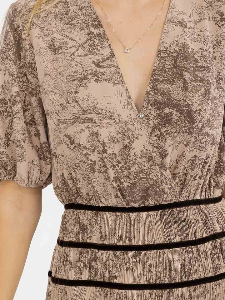 WOMEN'S SHORT SLEEVES SURPLICE WAIST DETAILED MULTI PRINT MINI DRESS