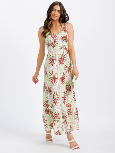WOMEN'S SLEEVELESS V-NECK SMOCK LEAF PRINT MAXI DRESS