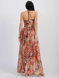 WOMEN'S SLEEVELESS NECK TIE OPEN SNAKE ZEBRA PRINT MAXI DRESS
