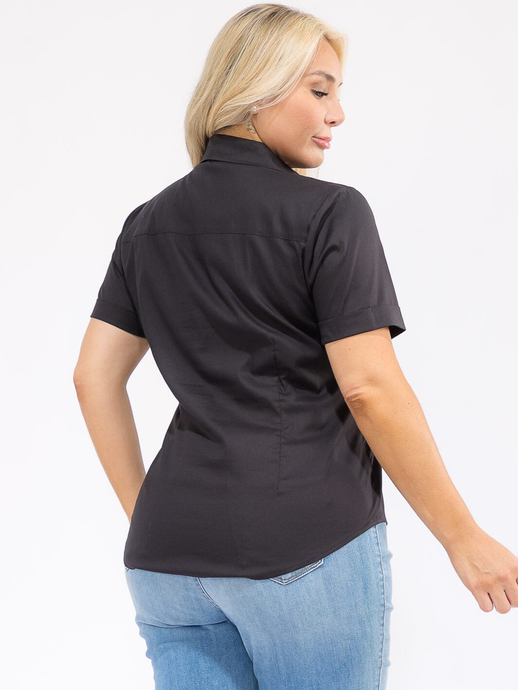 PLUS SIZE SHORT SLEEVE BUTTON UP FRONT POCKET BLOUSE