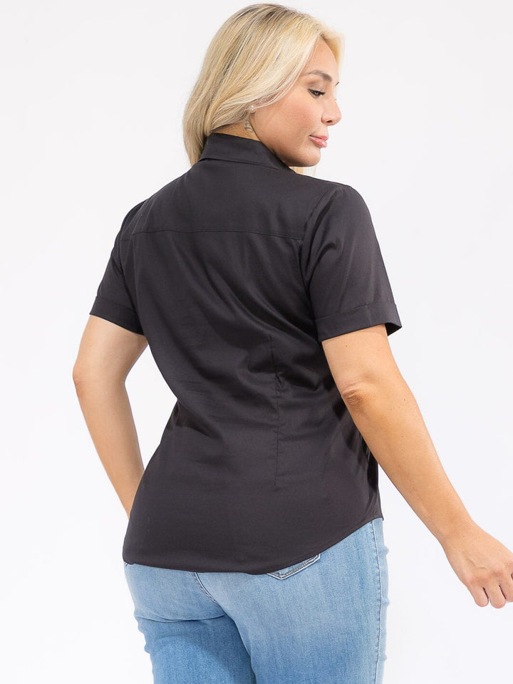 PLUS SIZE SHORT SLEEVE BUTTON UP FRONT POCKET BLOUSE