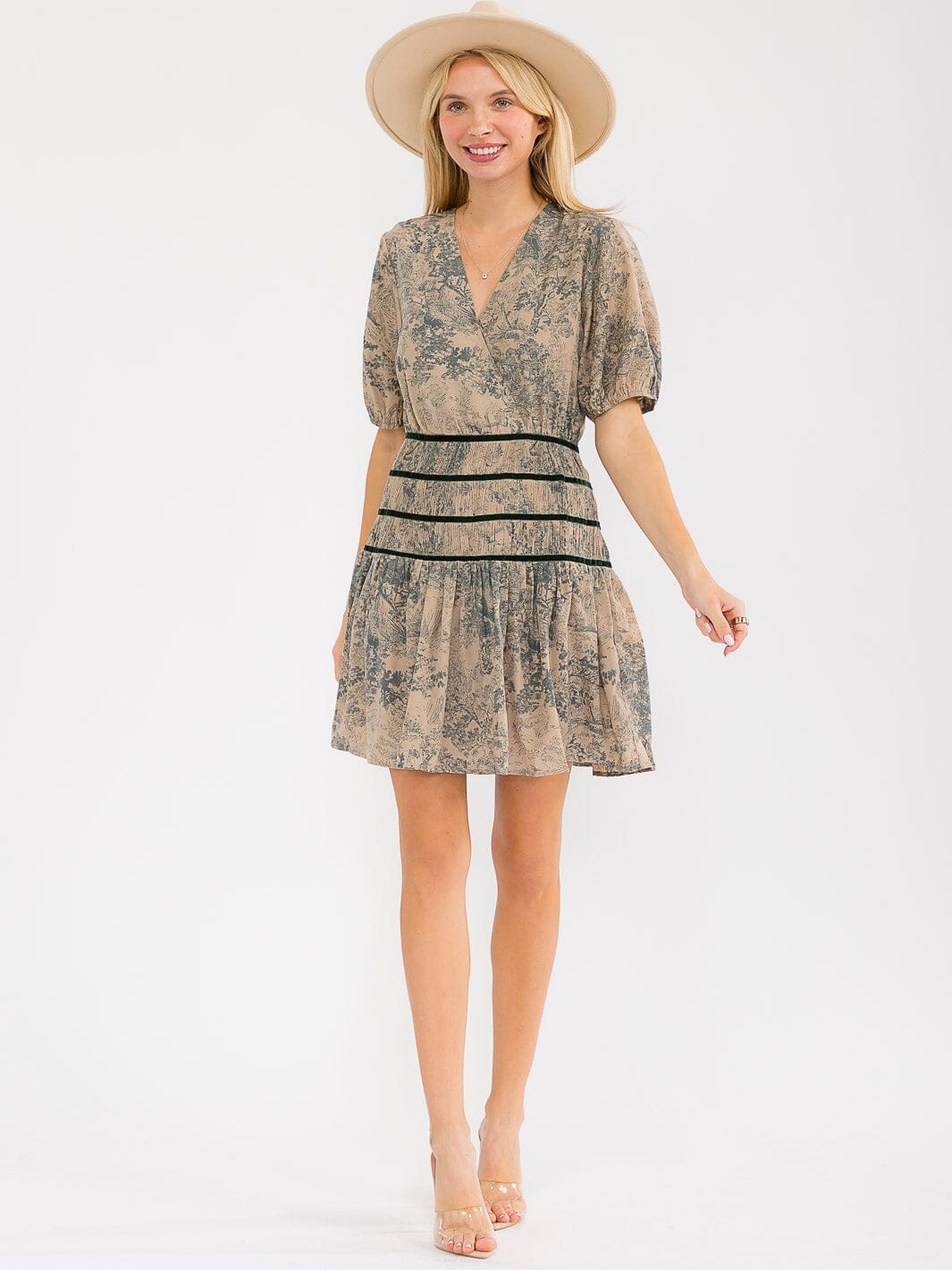 WOMEN'S SHORT SLEEVES SURPLICE WAIST DETAILED MULTI PRINT MINI DRESS