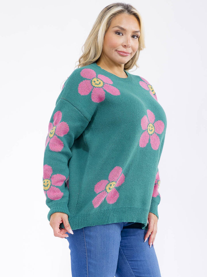 PLUS SIZE LONG FLORAL PRINT PULLOVER SWEATER
