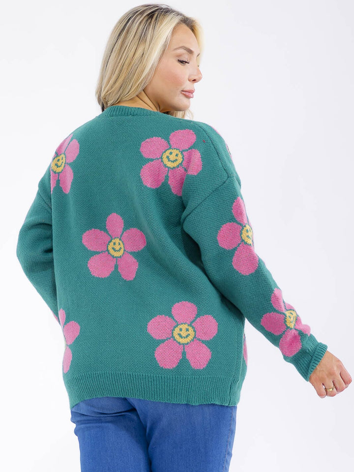 PLUS SIZE LONG FLORAL PRINT PULLOVER SWEATER