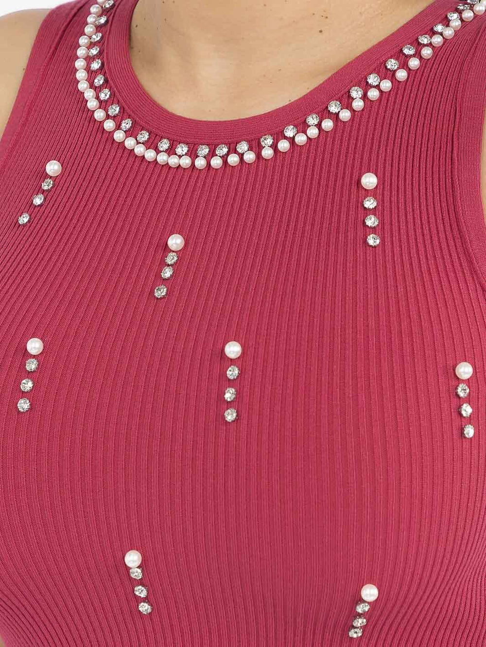 WOMEN'S SLEEVELESS PEARL STUDS RIBBED TANK TOP