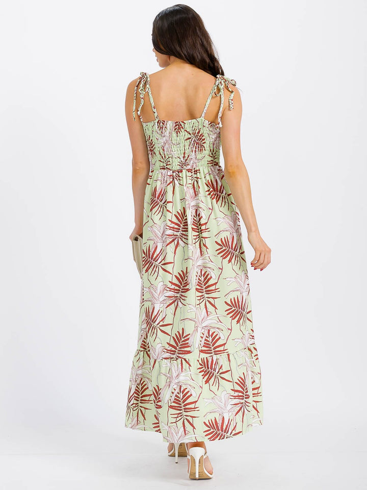WOMEN'S SLEEVELESS V-NECK SMOCK LEAF PRINT MAXI DRESS