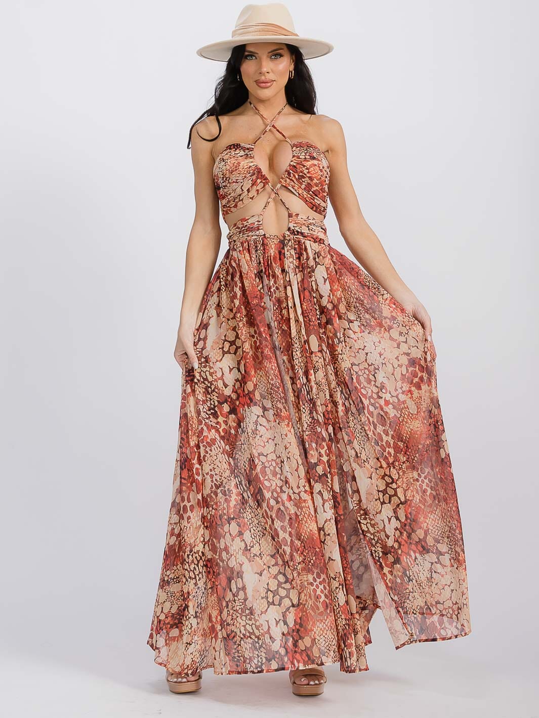 WOMEN'S SLEEVELESS NECK TIE OPEN SNAKE ZEBRA PRINT MAXI DRESS