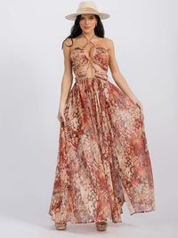 WOMEN'S SLEEVELESS NECK TIE OPEN SNAKE ZEBRA PRINT MAXI DRESS