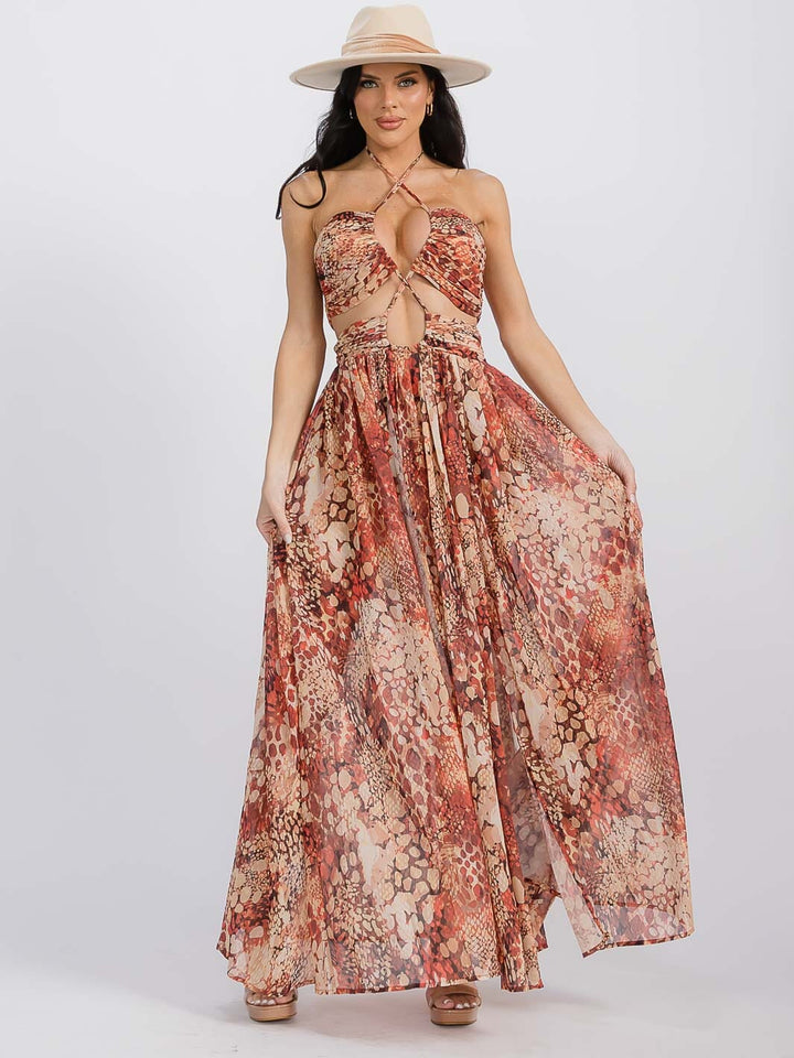 WOMEN'S SLEEVELESS NECK TIE OPEN SNAKE ZEBRA PRINT MAXI DRESS