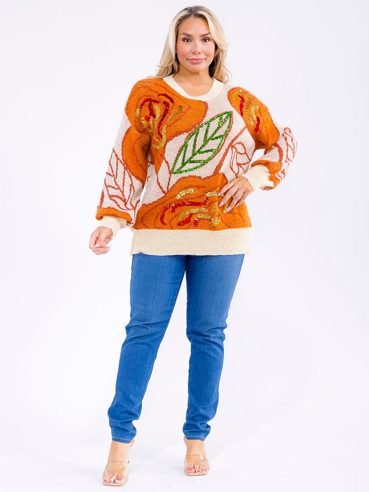 PLUS SIZE LONG SLEEVE LEAF PRINT SEQUINS PULLOVER KNIT SWEATER