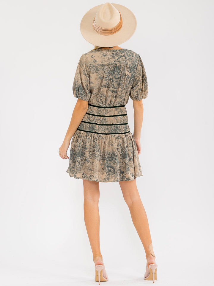 WOMEN'S SHORT SLEEVES SURPLICE WAIST DETAILED MULTI PRINT MINI DRESS