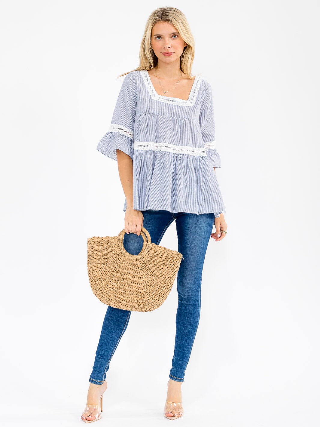 WOMEN'S SHORT RUFFLE SLEEVE SQUARE NECK TUNIC DETAILED STRIPES BLOUSE