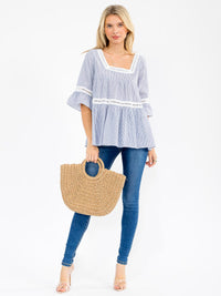 WOMEN'S SHORT RUFFLE SLEEVE SQUARE NECK TUNIC DETAILED STRIPES BLOUSE