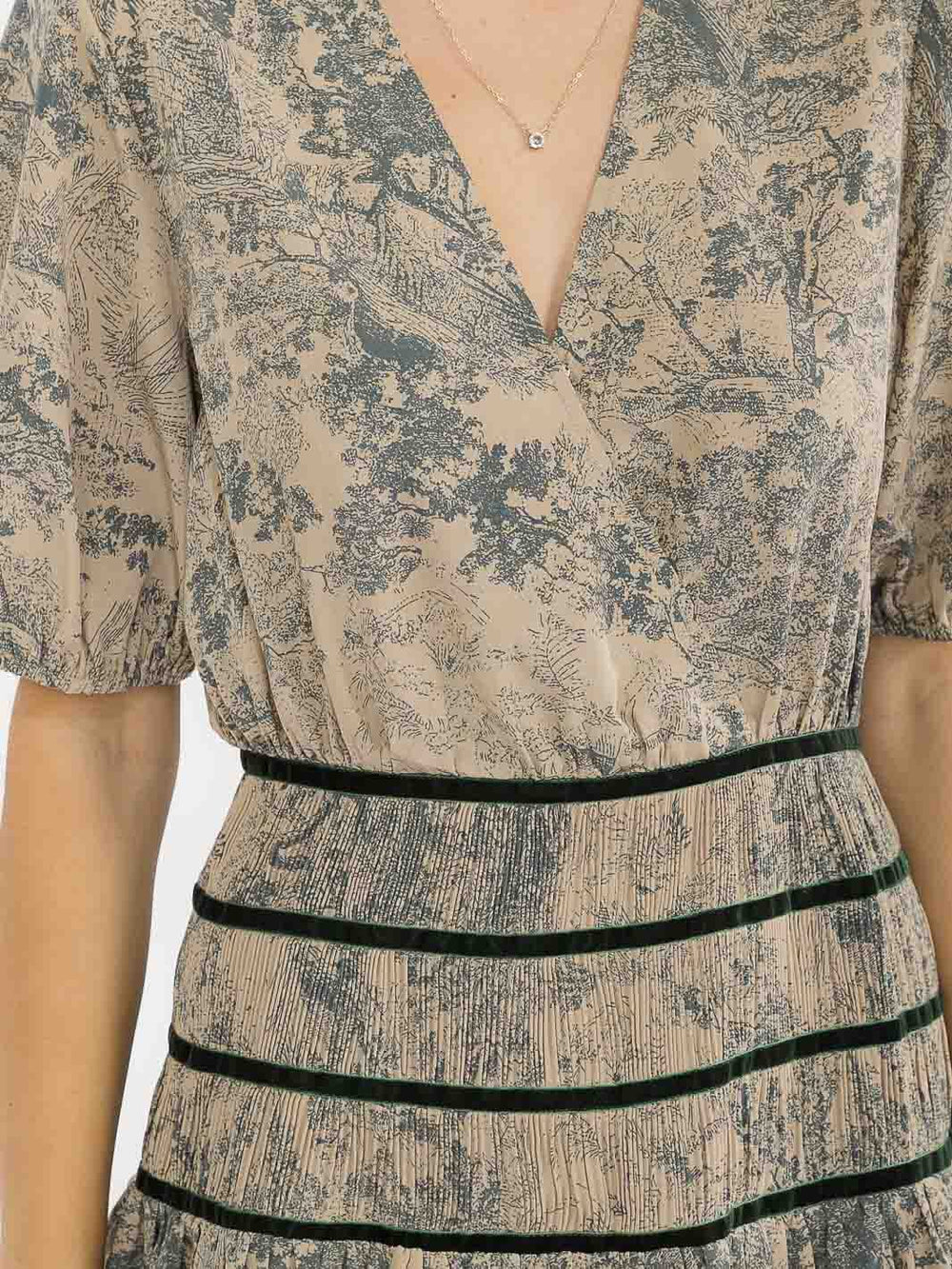 WOMEN'S SHORT SLEEVES SURPLICE WAIST DETAILED MULTI PRINT MINI DRESS