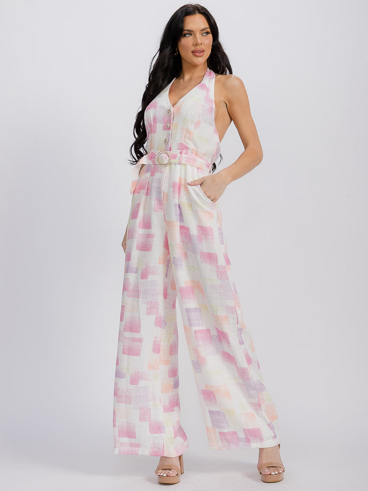 WOMEN'S SLEEVELESS HALTER NECK BELTED POCKETS WIDE LEG TWEED JUMPSUIT