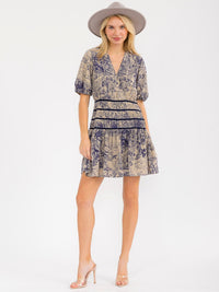 WOMEN'S SHORT SLEEVES SURPLICE WAIST DETAILED MULTI PRINT MINI DRESS