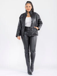 WOMEN'S LONG SLEEVE ZIPPER CLOSURE FRONT POCKETS PU PLEATHER JACKET
