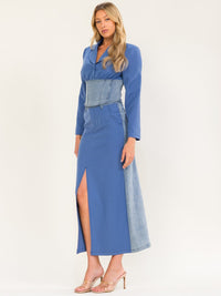 WOMEN'S LONG SLEEVE TOP & BUTTON CLOSURE MAXI SKIRT DENIM CONTRAST 2PC. SET