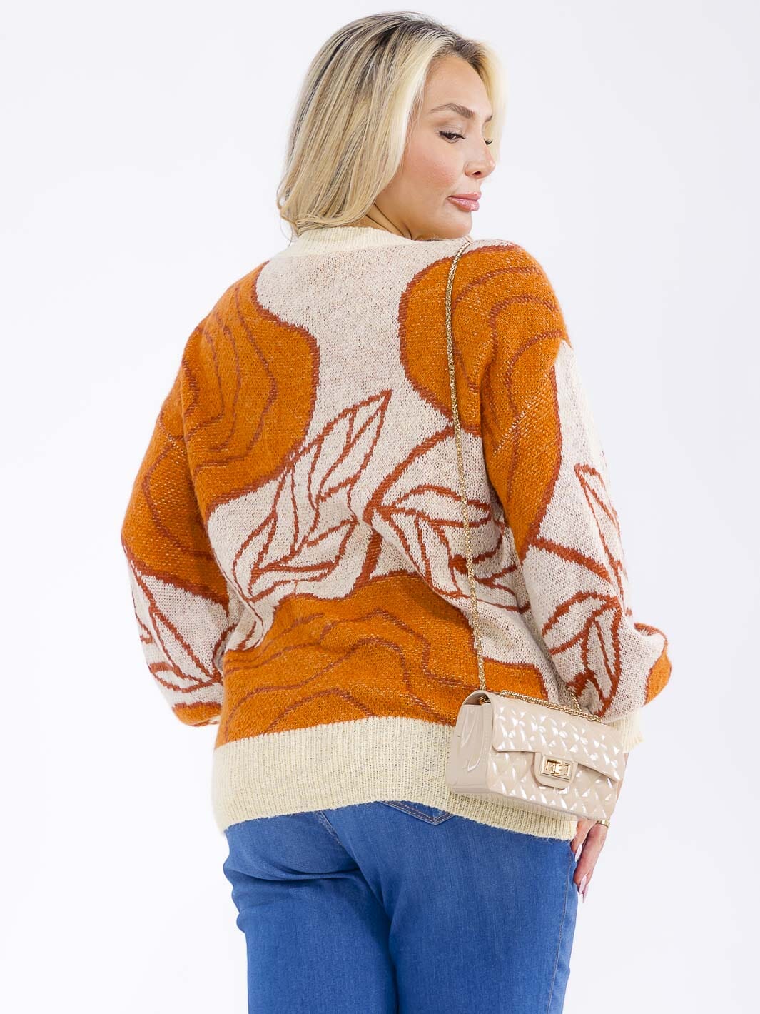 PLUS SIZE LONG SLEEVE LEAF PRINT SEQUINS PULLOVER KNIT SWEATER