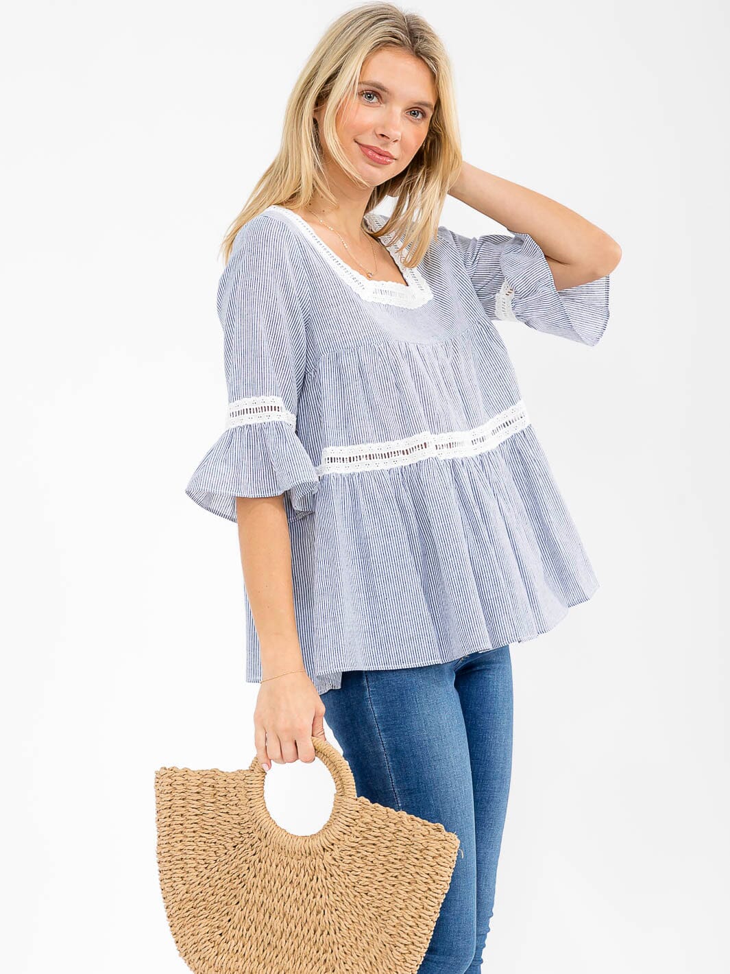 WOMEN'S SHORT RUFFLE SLEEVE SQUARE NECK TUNIC DETAILED STRIPES BLOUSE