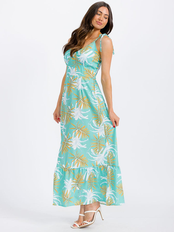 WOMEN'S SLEEVELESS V-NECK SMOCK LEAF PRINT MAXI DRESS