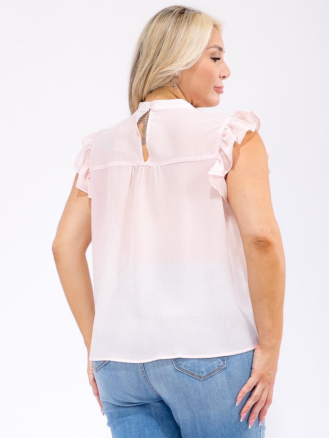 PLUS SIZE RUFFLE SLEEVE LACE DETAILED LOOSE FIT BLOUSE