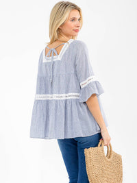 WOMEN'S SHORT RUFFLE SLEEVE SQUARE NECK TUNIC DETAILED STRIPES BLOUSE
