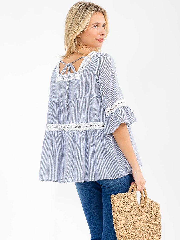 WOMEN'S SHORT RUFFLE SLEEVE SQUARE NECK TUNIC DETAILED STRIPES BLOUSE