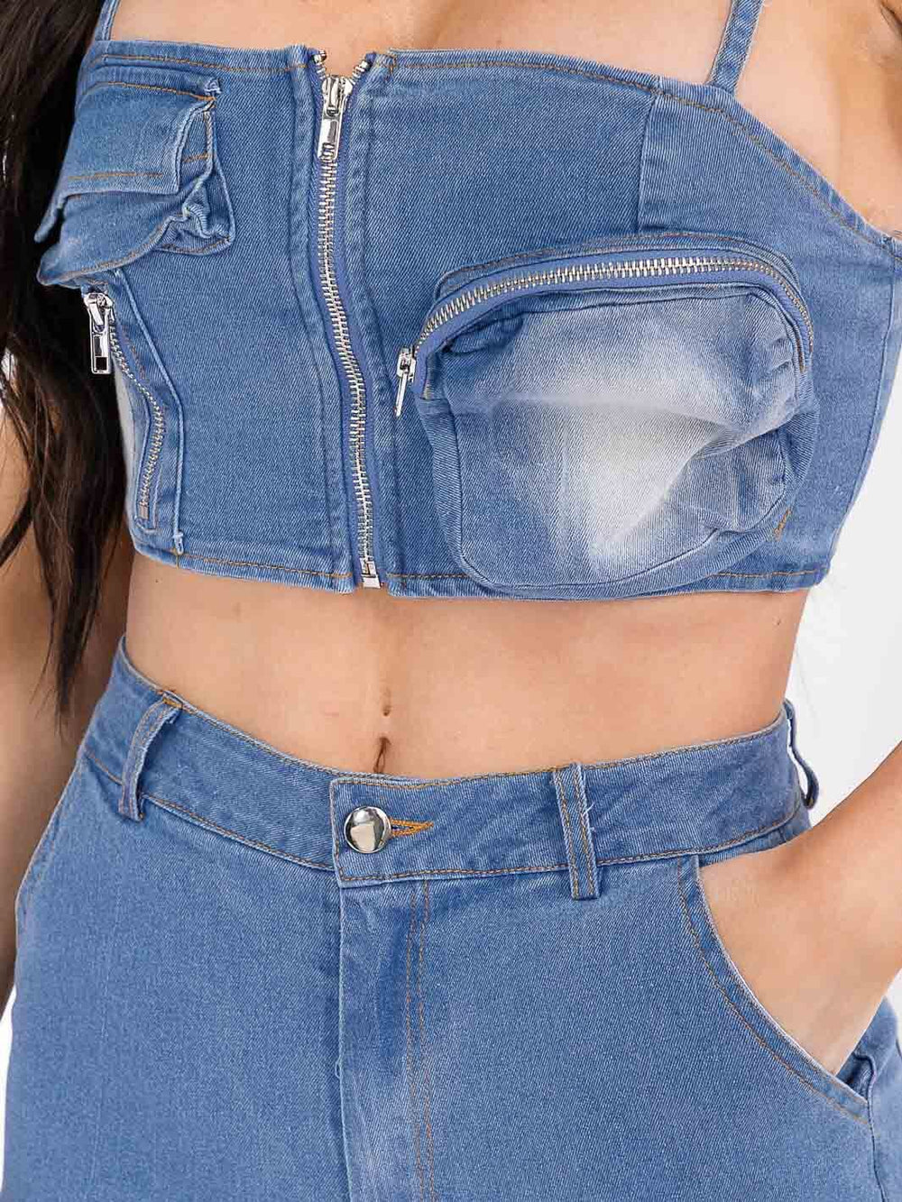 WOMEN'S SLEEVELESS TOP & BUTTON CLOSURE PANTS WASHED DENIM 2PC. SET