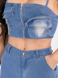 WOMEN'S SLEEVELESS TOP & BUTTON CLOSURE PANTS WASHED DENIM 2PC. SET