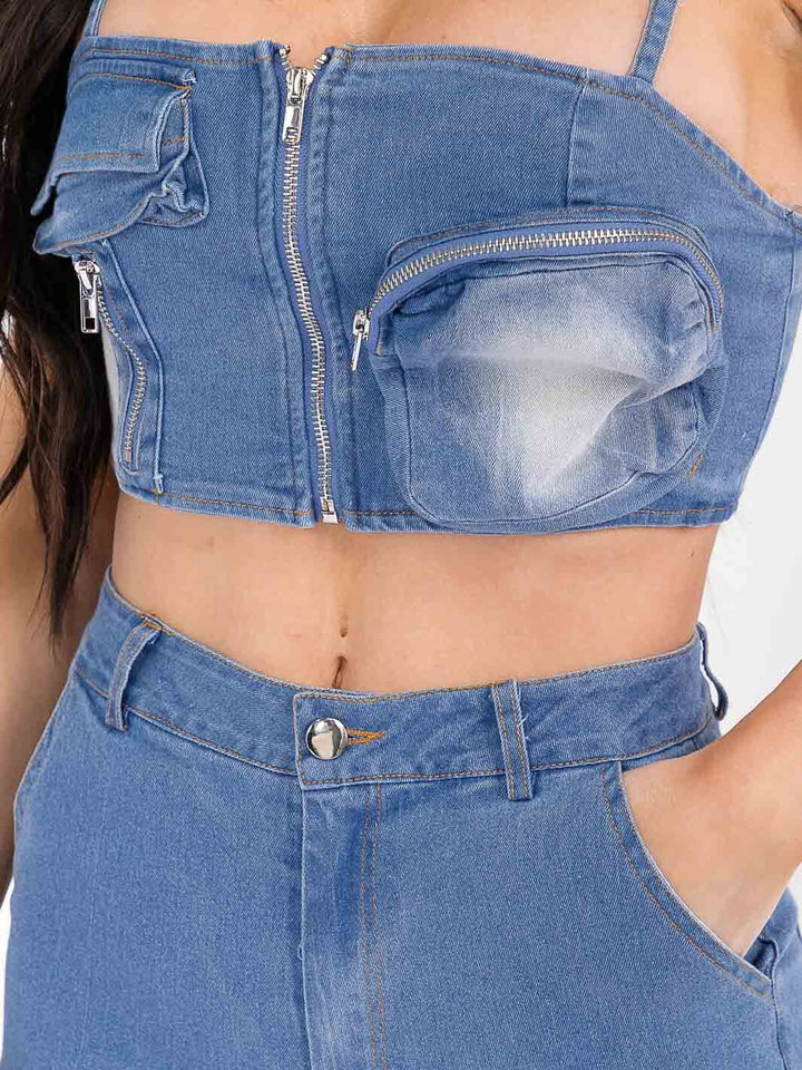 WOMEN'S SLEEVELESS TOP & BUTTON CLOSURE PANTS WASHED DENIM 2PC. SET