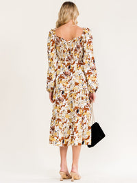 WOMEN'S LONG SLEEVE ELASTIC WAIST FRONT POCKETS FLORAL PRINT MIDI DRESS