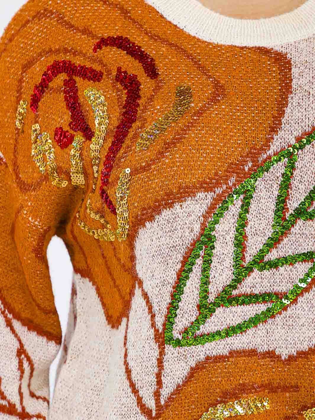 PLUS SIZE LONG SLEEVE LEAF PRINT SEQUINS PULLOVER KNIT SWEATER