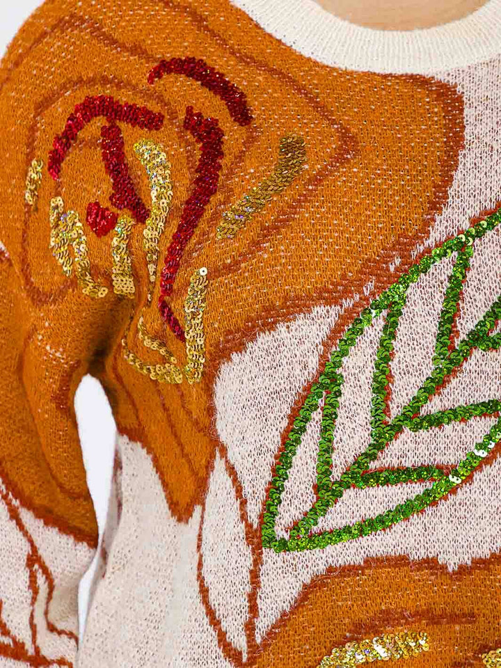 PLUS SIZE LONG SLEEVE LEAF PRINT SEQUINS PULLOVER KNIT SWEATER