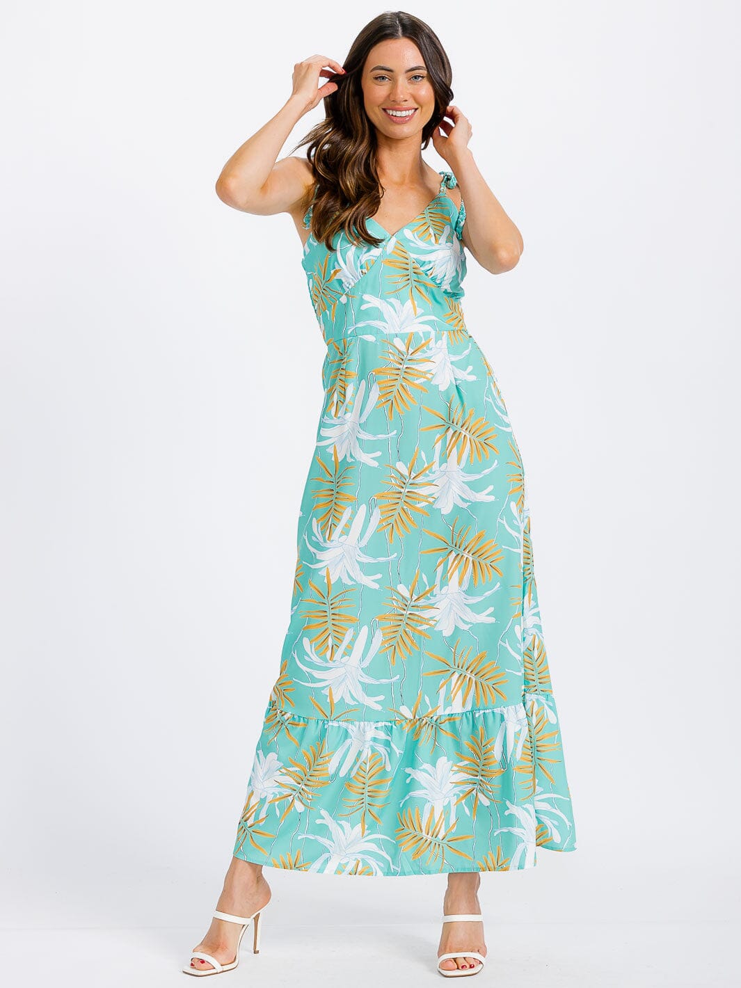 WOMEN'S SLEEVELESS V-NECK SMOCK LEAF PRINT MAXI DRESS