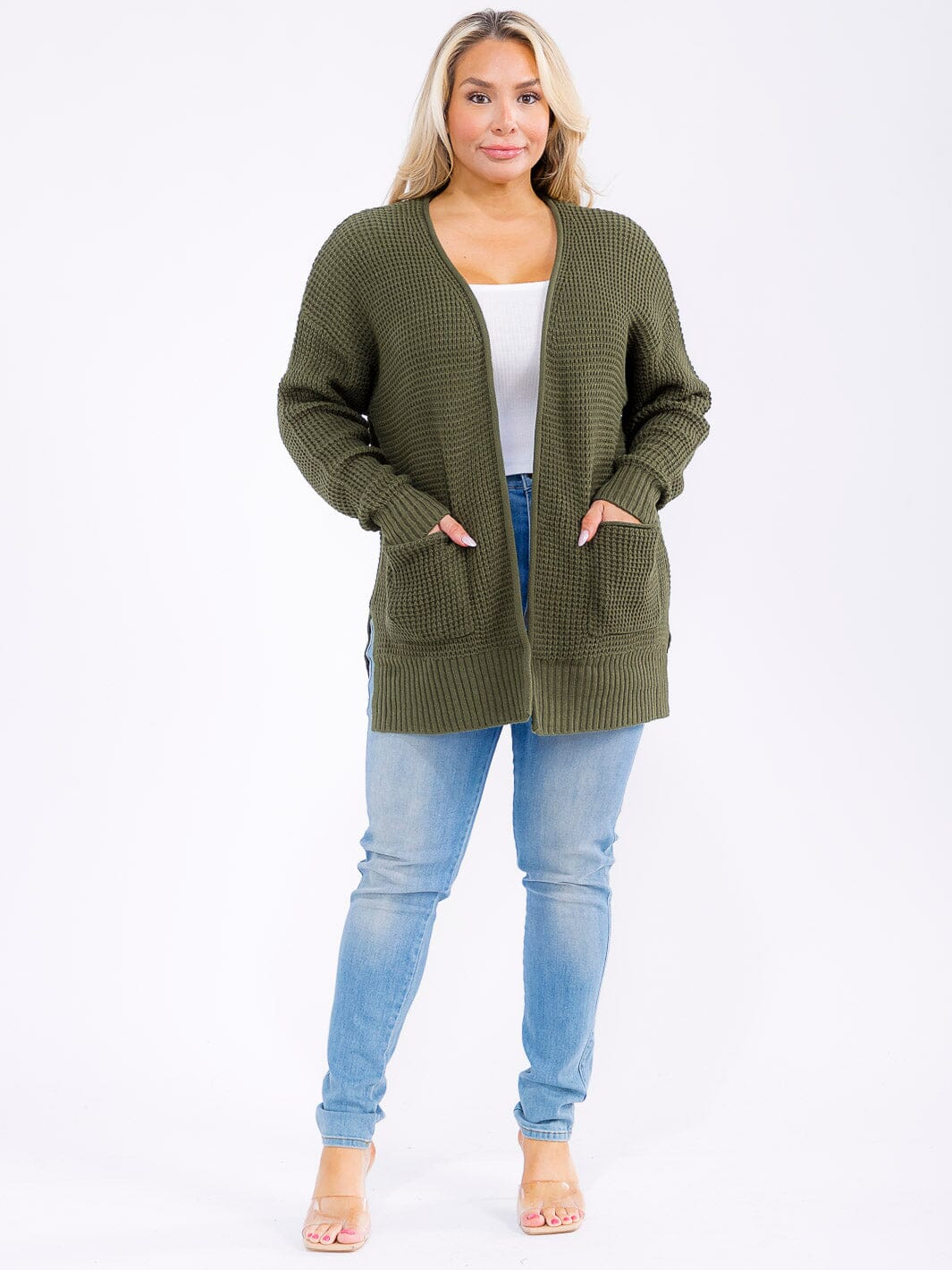 PLUS SIZE LONG SLEEVE FRONT POCKETS OPEN FRONT KNITTED CARDIGAN