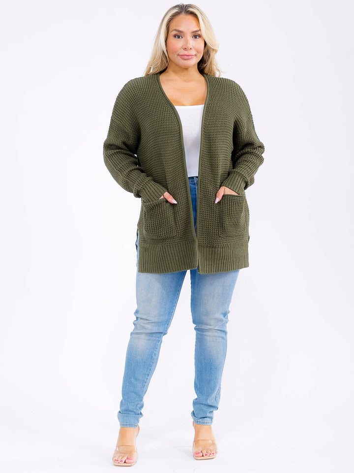 PLUS SIZE LONG SLEEVE FRONT POCKETS OPEN FRONT KNITTED CARDIGAN
