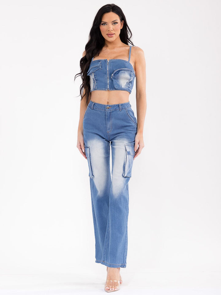 WOMEN'S SLEEVELESS TOP & BUTTON CLOSURE PANTS WASHED DENIM 2PC. SET