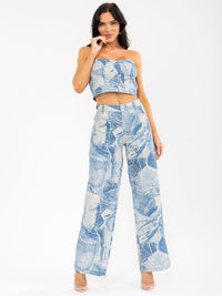 WOMEN'S SLEEVELESS CROP TOP & BUTTON CLOSURE PANTS DENIM PRINT 2PC. SET