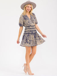 WOMEN'S SHORT SLEEVES SURPLICE WAIST DETAILED MULTI PRINT MINI DRESS