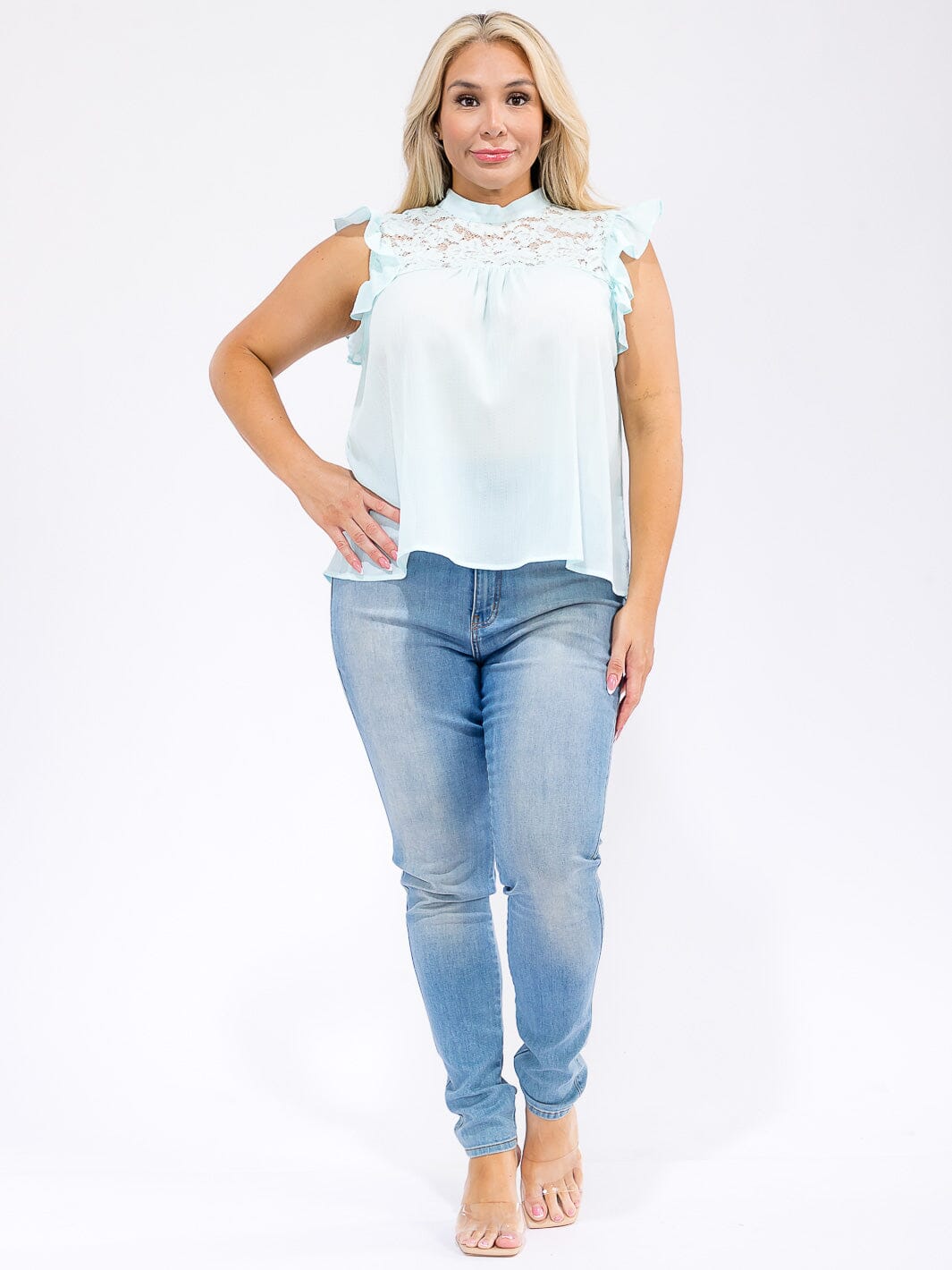 PLUS SIZE RUFFLE SLEEVE LACE DETAILED LOOSE FIT BLOUSE