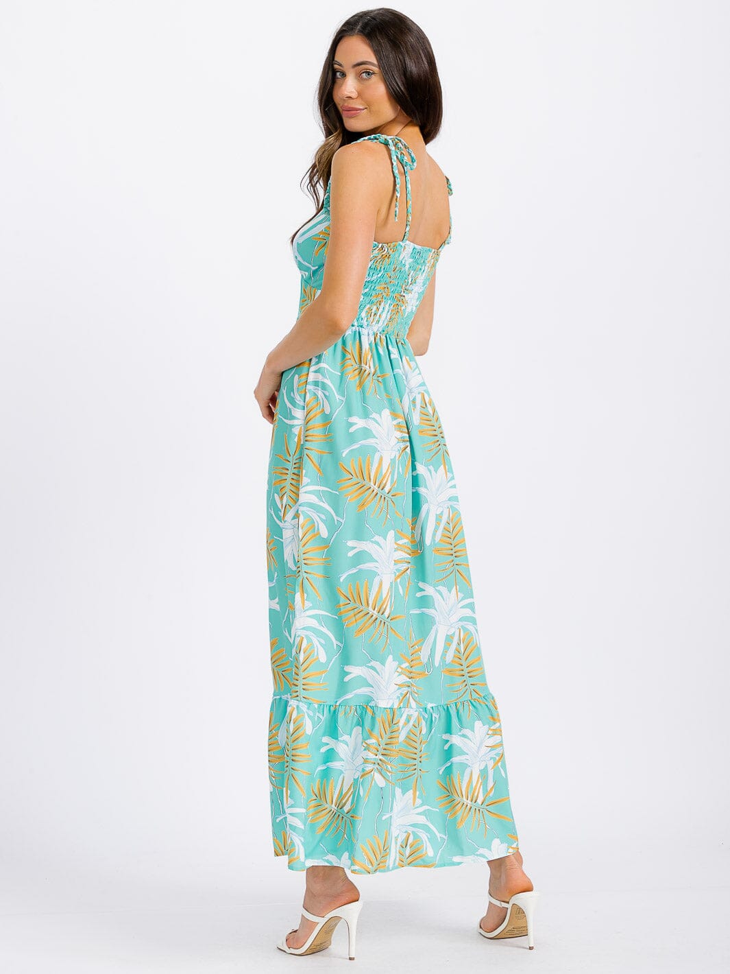 WOMEN'S SLEEVELESS V-NECK SMOCK LEAF PRINT MAXI DRESS