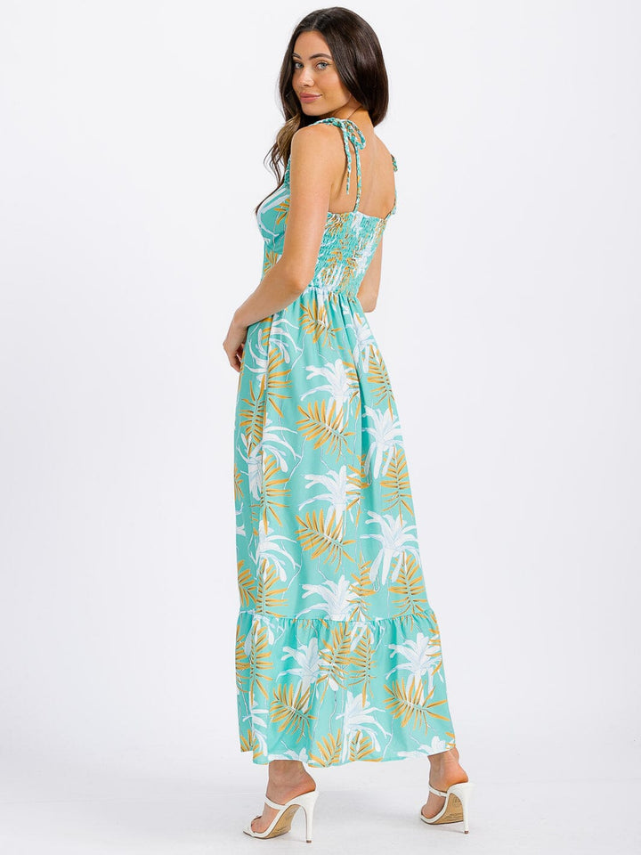 WOMEN'S SLEEVELESS V-NECK SMOCK LEAF PRINT MAXI DRESS