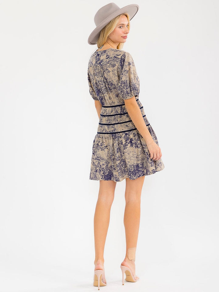 WOMEN'S SHORT SLEEVES SURPLICE WAIST DETAILED MULTI PRINT MINI DRESS