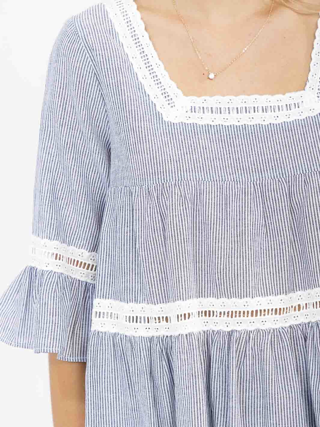 WOMEN'S SHORT RUFFLE SLEEVE SQUARE NECK TUNIC DETAILED STRIPES BLOUSE