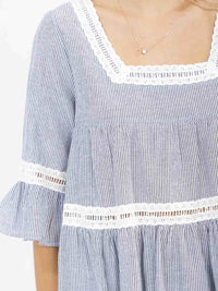 WOMEN'S SHORT RUFFLE SLEEVE SQUARE NECK TUNIC DETAILED STRIPES BLOUSE