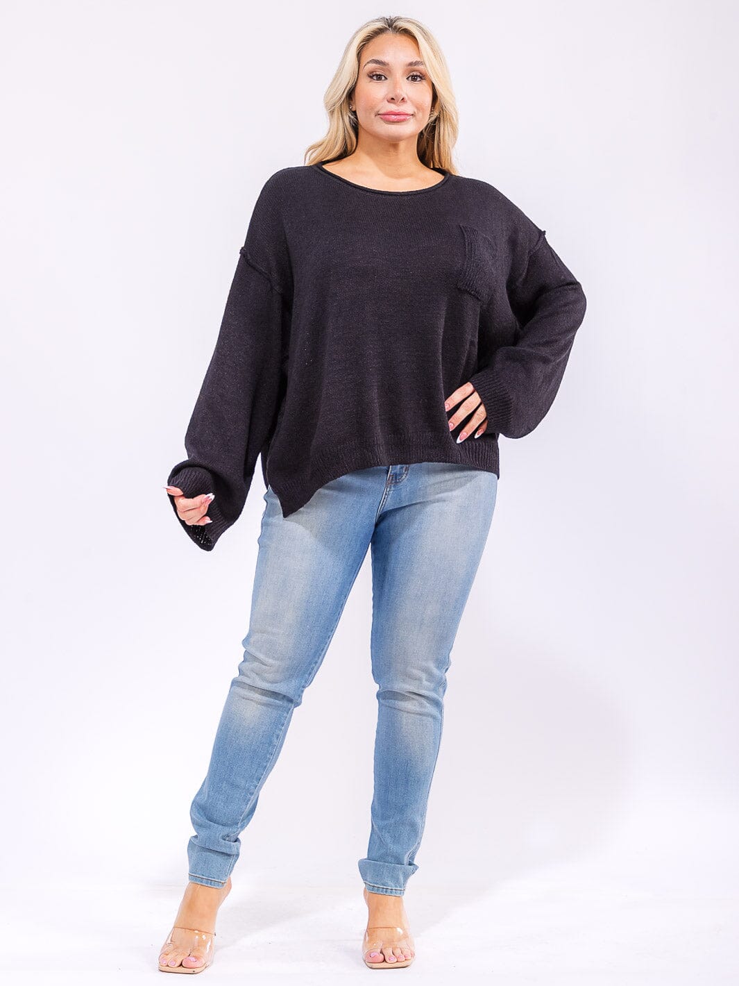 PLUS SIZE LONG SLEEVE FRONT POCKET KNIT PULLOVER SWEATER