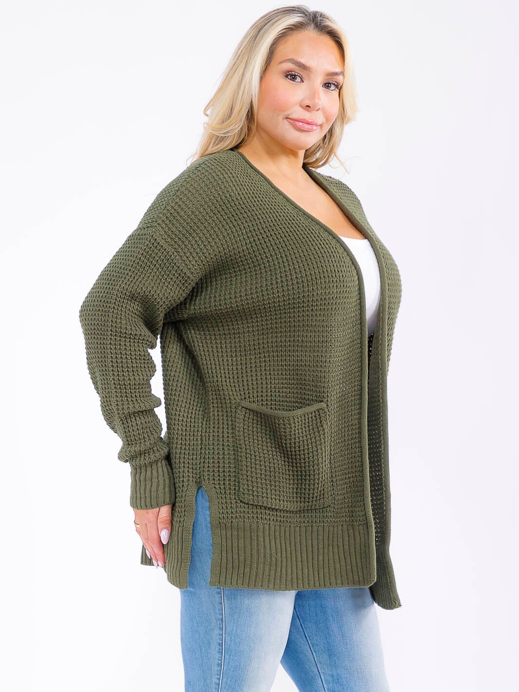 PLUS SIZE LONG SLEEVE FRONT POCKETS OPEN FRONT KNITTED CARDIGAN
